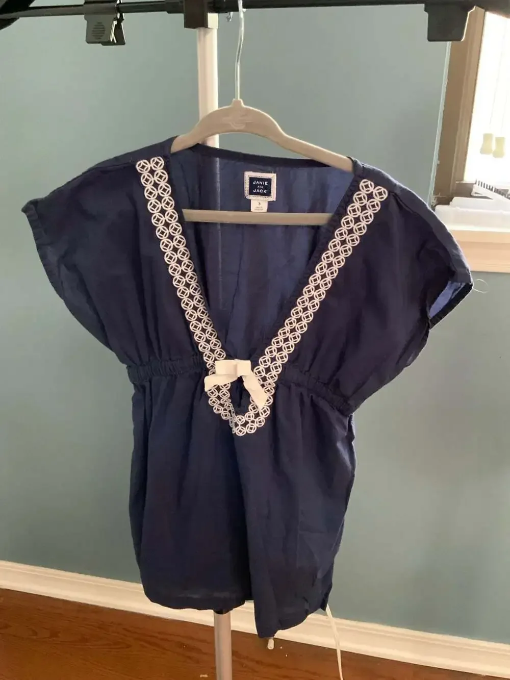 Janie and Jack Swimsuit Cover Up Size 3 Navy Blue White Lace Bow